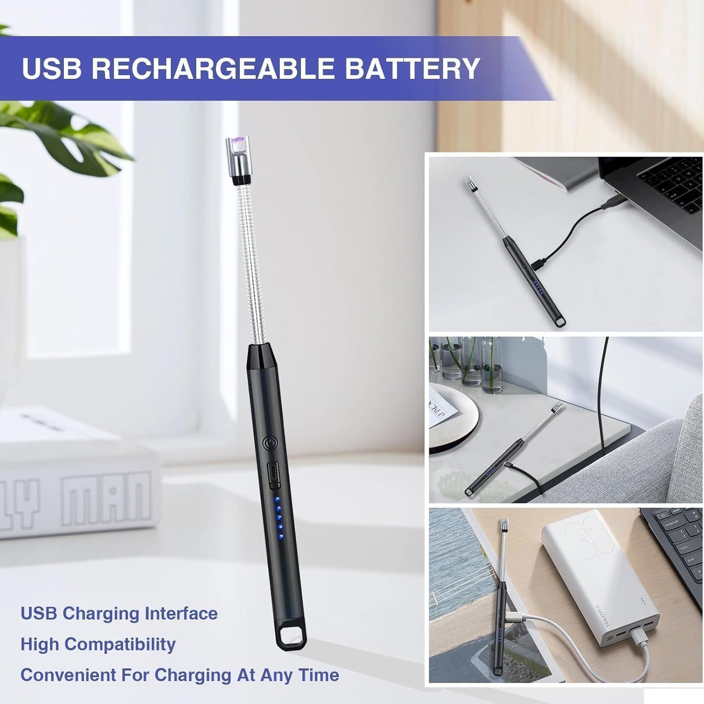 USB Plasma Rechargeable Electric Gas Lighter for Kitchen, Pooja Room, Candles, BBQ, Multi Purpose - 360 Degree Flexible & Windproof