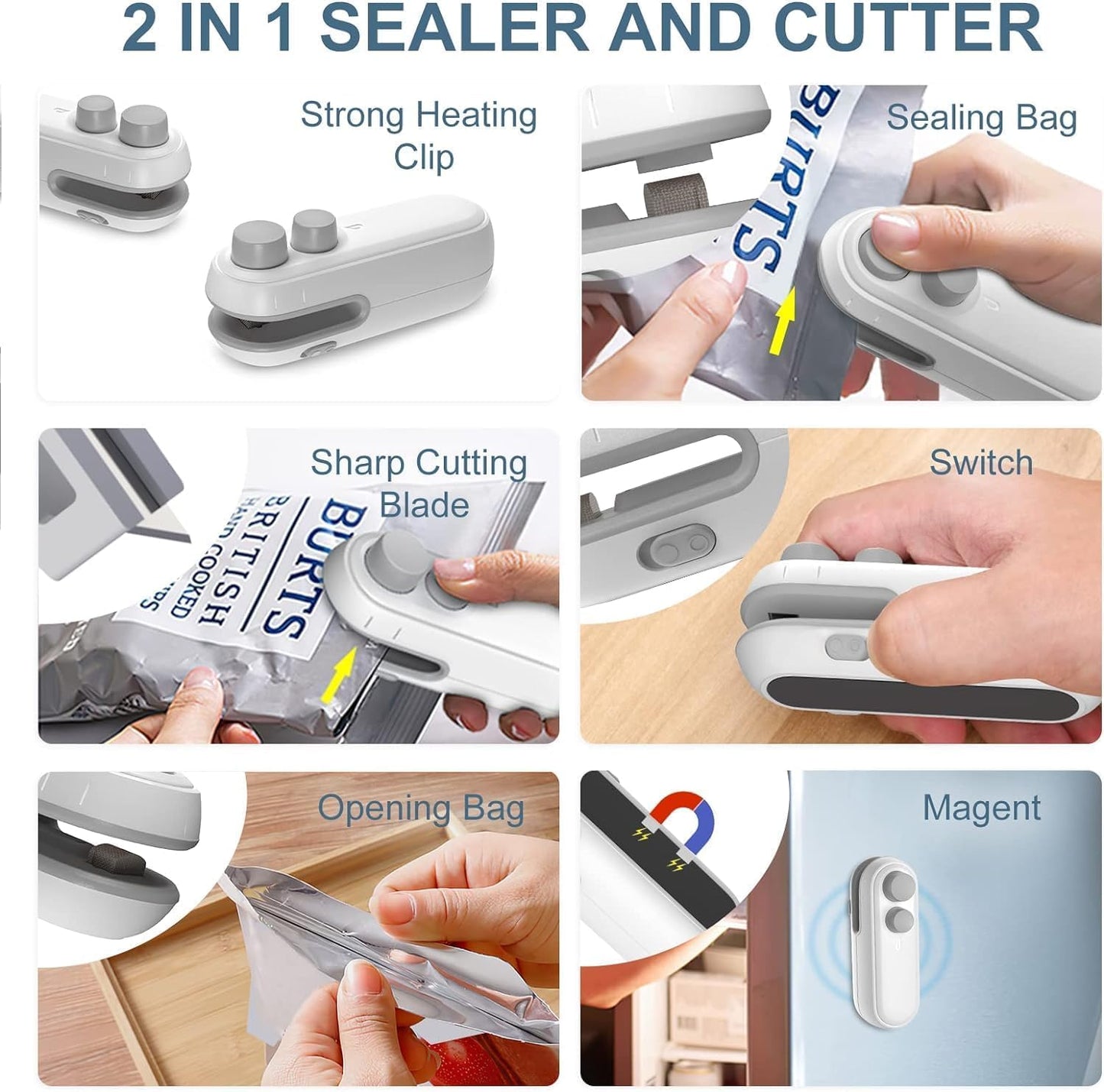 Portable Mini Sealing Machine 2 in 1 USB Rechargeable Magnetic Bag Sealer Heat Seal with Cutter, Plastic Bags Packing Machine Home Appliances