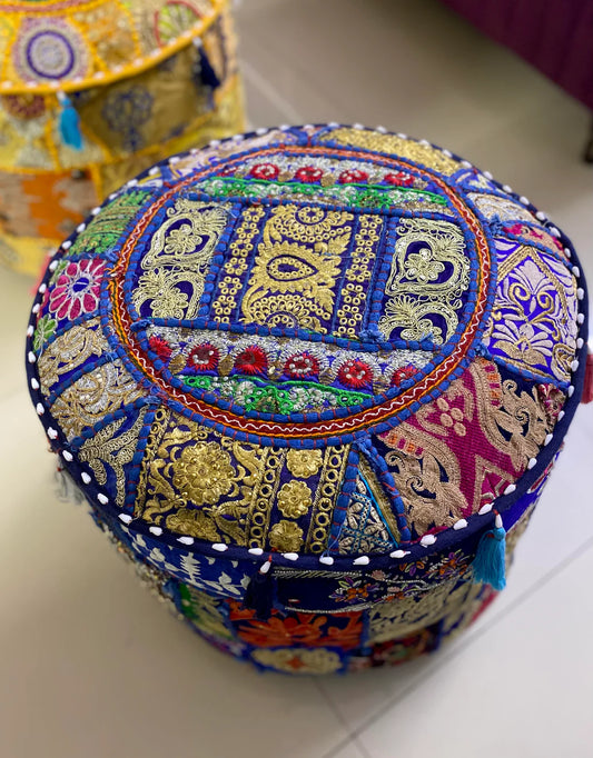 Embroidered Indian Ottoman pouf cover, Indian handmade Vintage Random Color Decorative Ottoman Pouf Cover